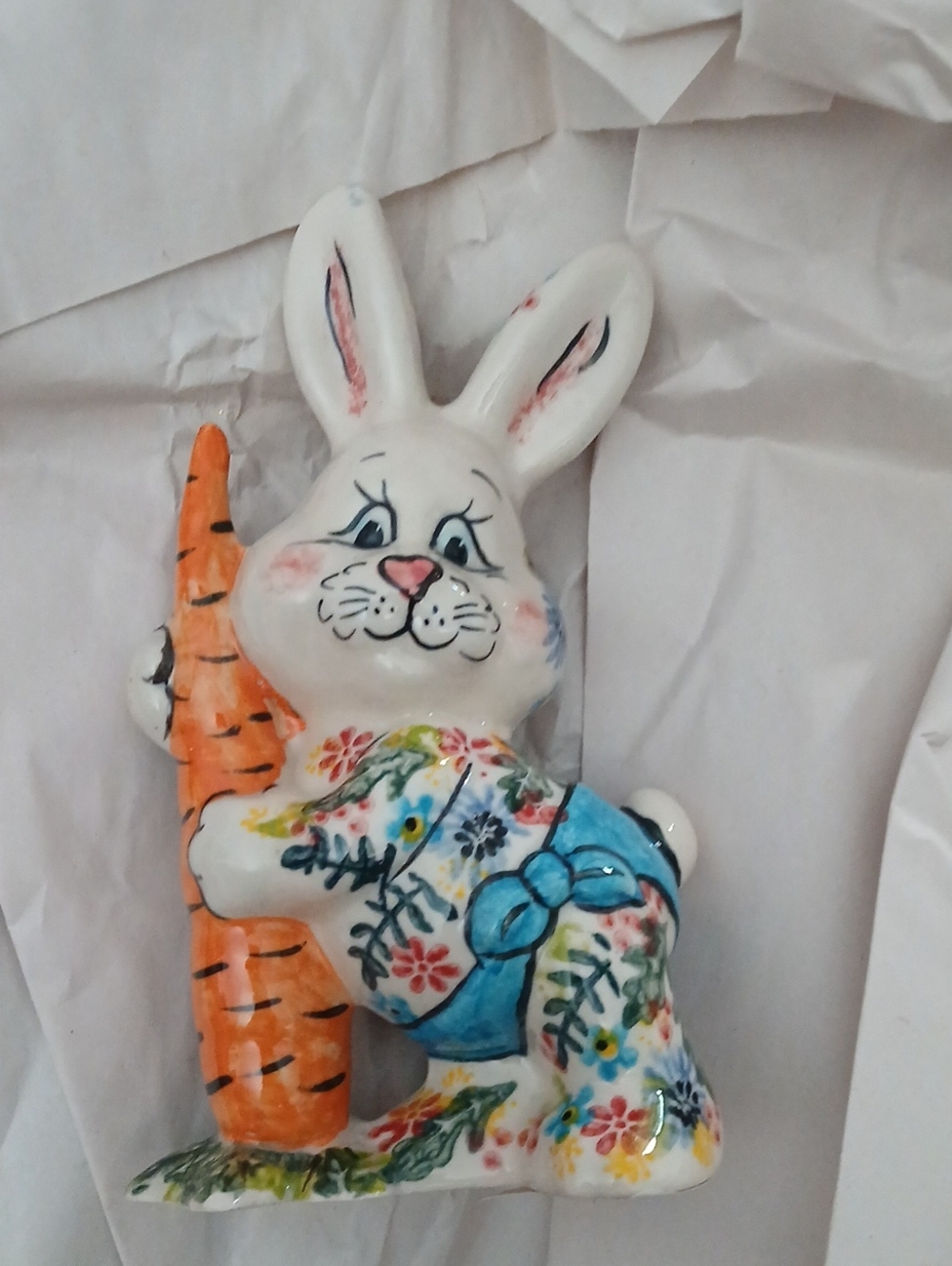 Blue Rose Pottery Ceramic Bunny Figurine with Orange Carrot